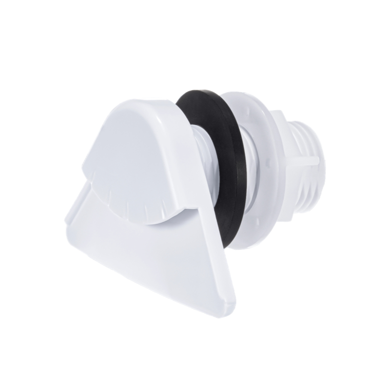 White urinal flush outlet shown from multiple angles with a fan-shaped spout, black gasket and threaded body